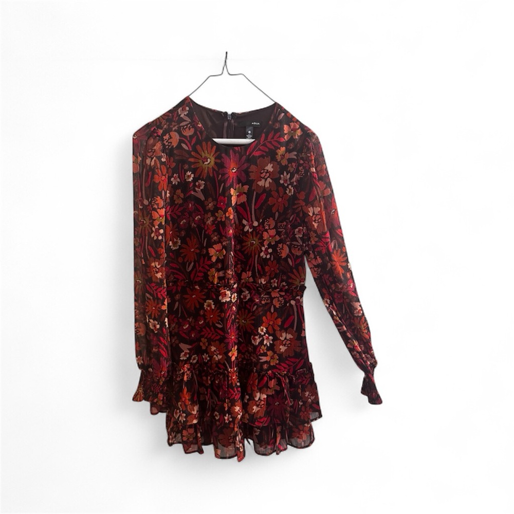 Aqua Long-Sleeve Floral Dress Floral Print Size Small